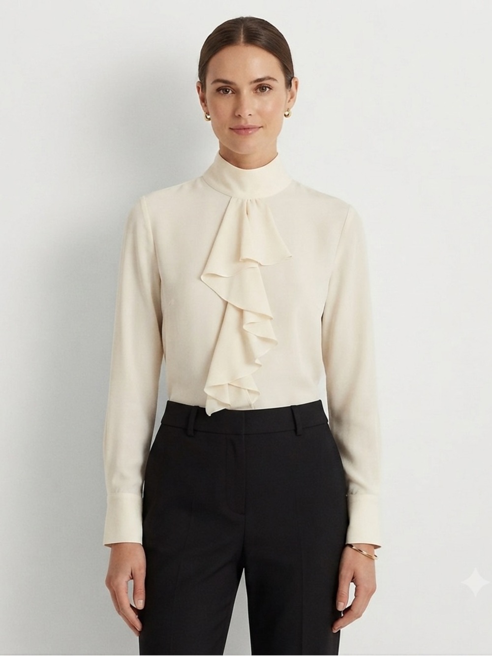 Patrick Christopher Ivory Silk Blouse Size 12 Ruffled Mock Neck Long Sleeve Top